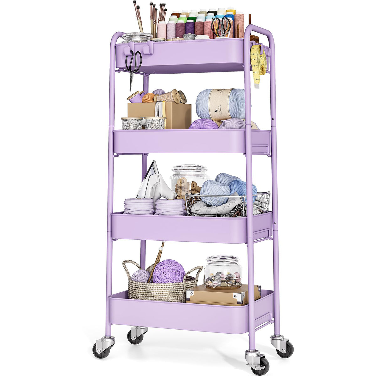 4 Tier Metal Rolling Cart, Utility Storage Cart with Wheels, Purple