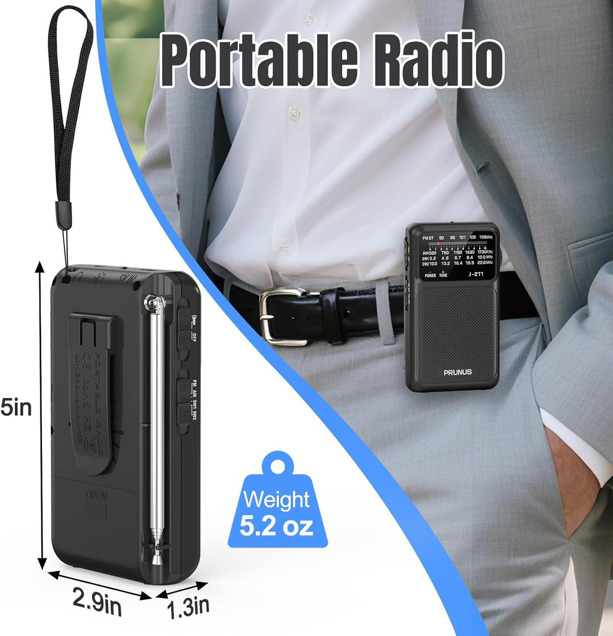 J211 Portable Radio AM FM, USB C Charging and AA Battery Operated | Excellent Reception& Clear Speaker, Headphone