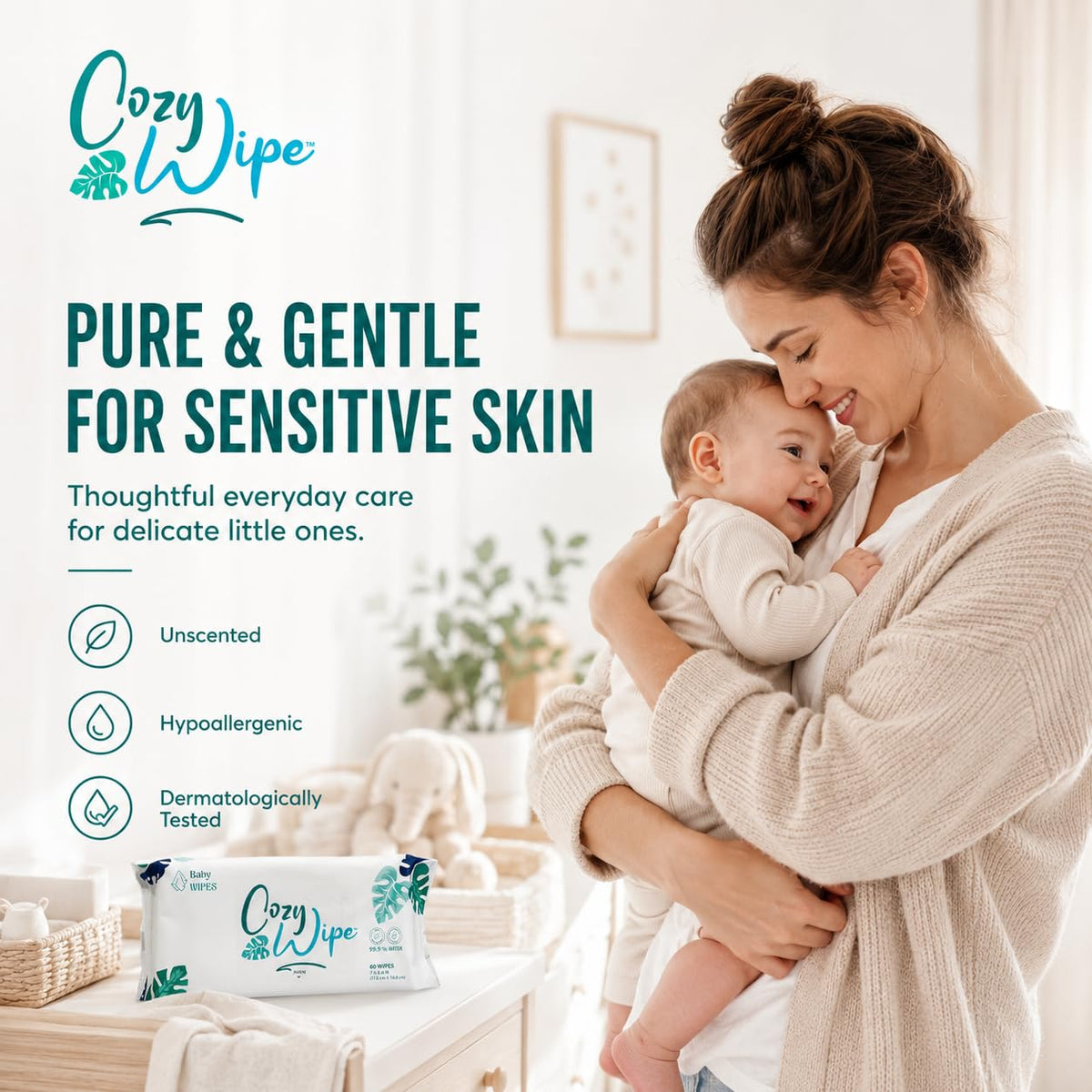 Baby Wipes, 99.9% Water Based Unscented Diaper Wipes for Sensitive Newborn Skin, Plant-Based, Plastic-Free, 9 Packs