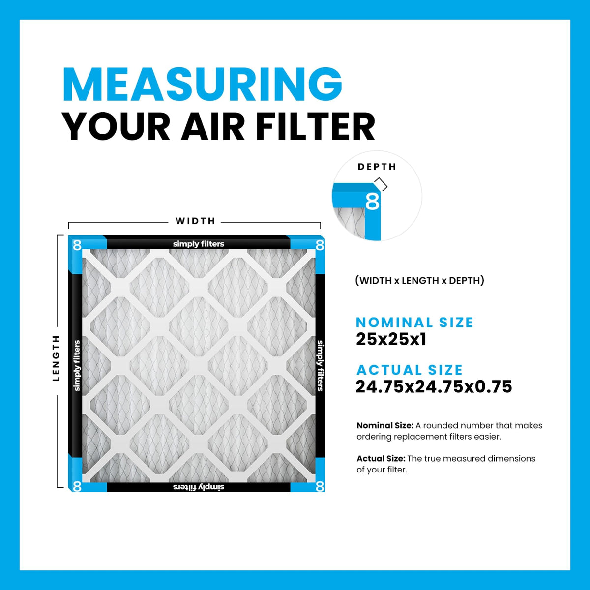 25x25x1 Air Filter, MERV 8, 12 Pack, For Home AC Furnace & HVAC (Actual Size: 24.75"x24.75"x0.75") DUST, Pet, &