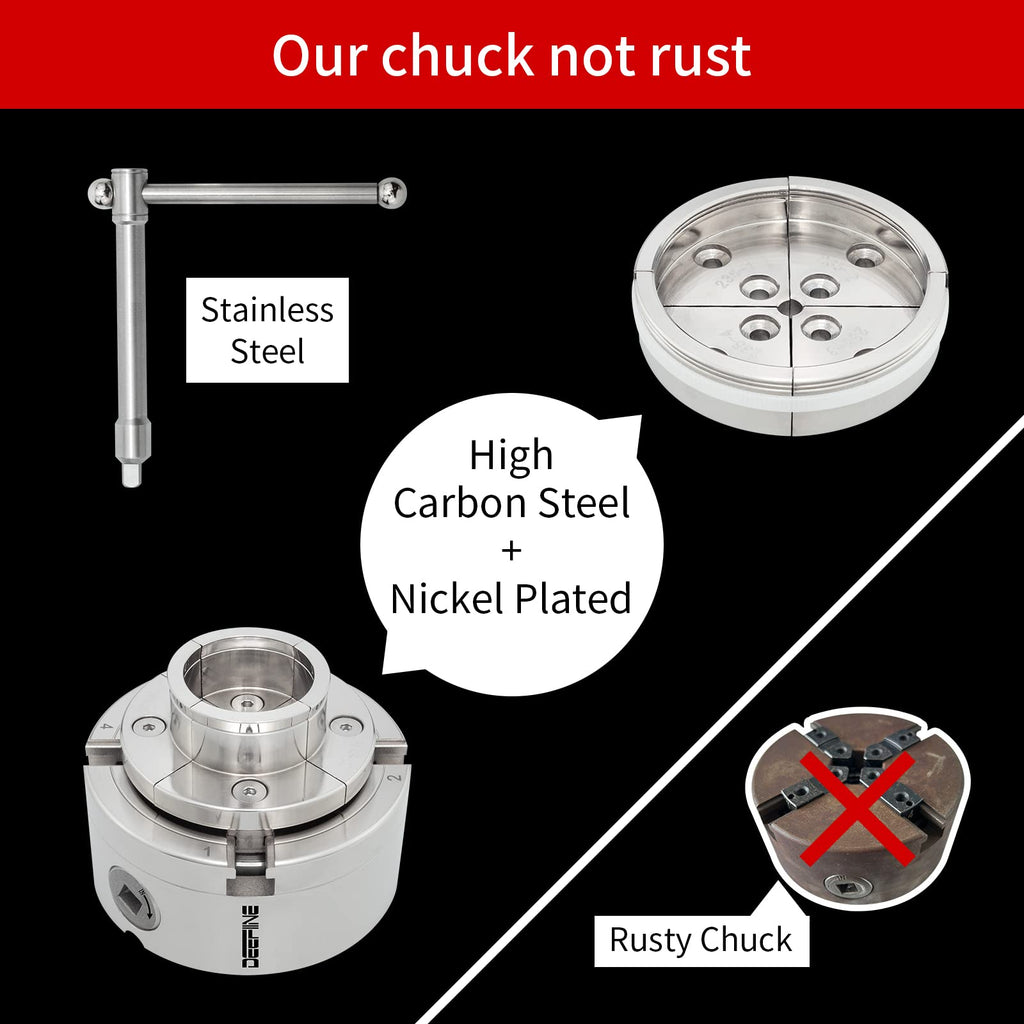 DEEFIINE 4" Nickel Plated Wood Lathe Chuck Set 1"x8TPI & 3/4"x16TPI Adapter