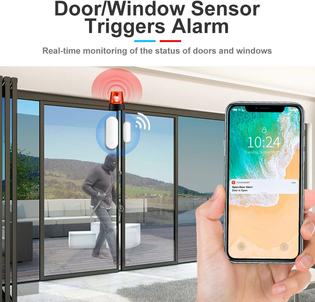 WiFi Door Window Sensor: Smart Contact Sensor with App Alerts, Door Open Detector Compatible with Alexa Google