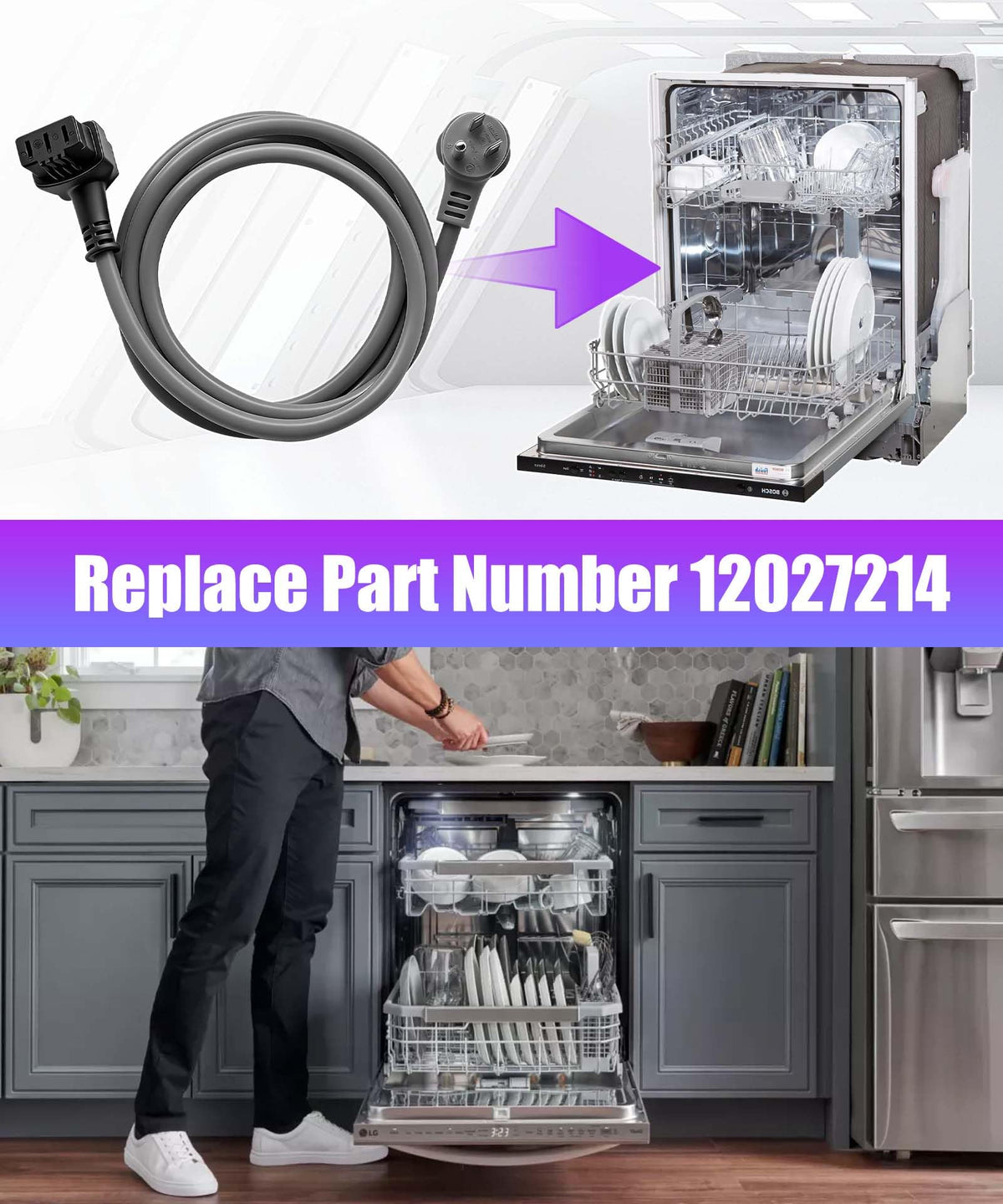 12027214 Dishwasher Power Cord 3-Prong Fits for Bosch 800 Dishwasher