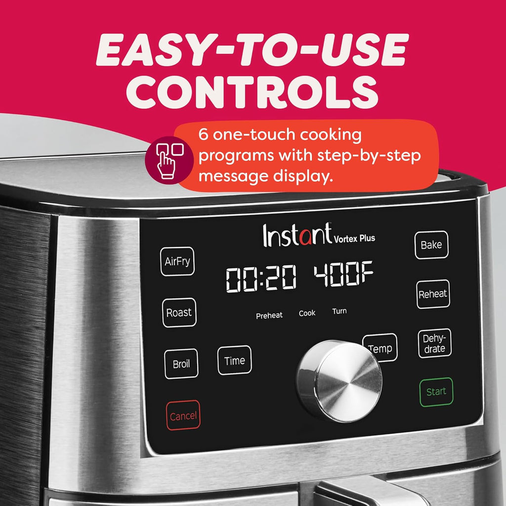 6QT VORTEX Plus Air Fryer, 6-in-1, Air Fry, Broil, Dehydrate, Crisp, Roast, Reheat, Bake, Dishwasher-Safe Airfryer