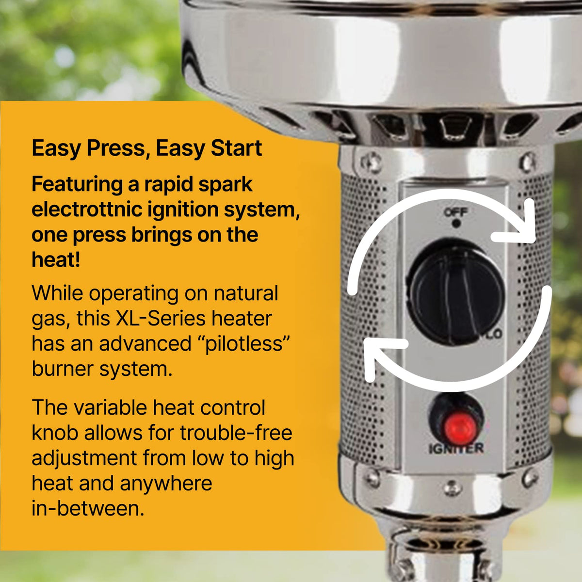 XL-Series Natural Gas Patio Heater, 45,000 BTU, 89" Tall, Push-Button Ignition, Anti-Tilt Safety, Wheels, Hammered
