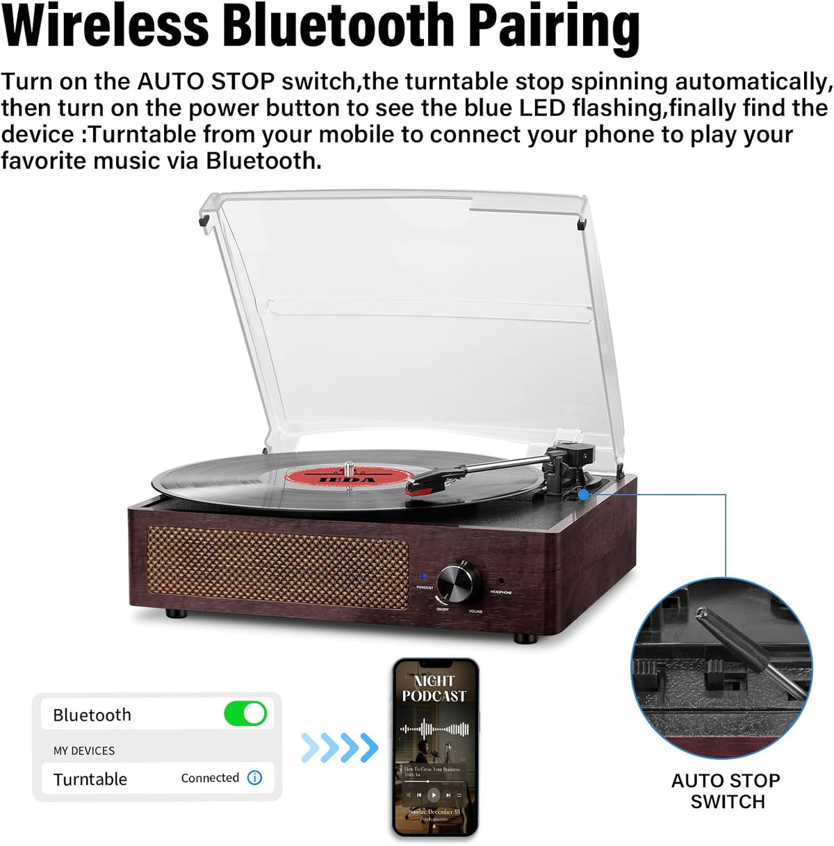 Vinyl Record Player Turntable with Built-in Bluetooth Receiver & 2 Stereo Speakers, 3 Speed 3 Size Portable Retro
