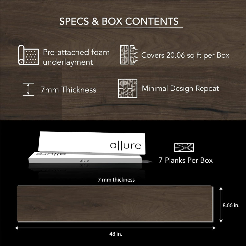 9" x 48" x 7mm, 12mil Luxury Vinyl Plank Flooring, Burnt Butter Walnut Look, Embossed, Waterproof, 1 Box, 7