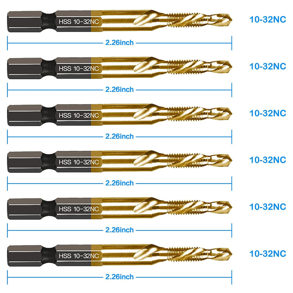 6-pc 10-32NC Combination Drill Tap Bit Set SAE, 10-32NC Thread Size, Titanium Coated High-Speed Steel, Ideal for Drilling Threading and Countersinking in Soft Metal Wood and Plastic, 1/4” Hex Shank