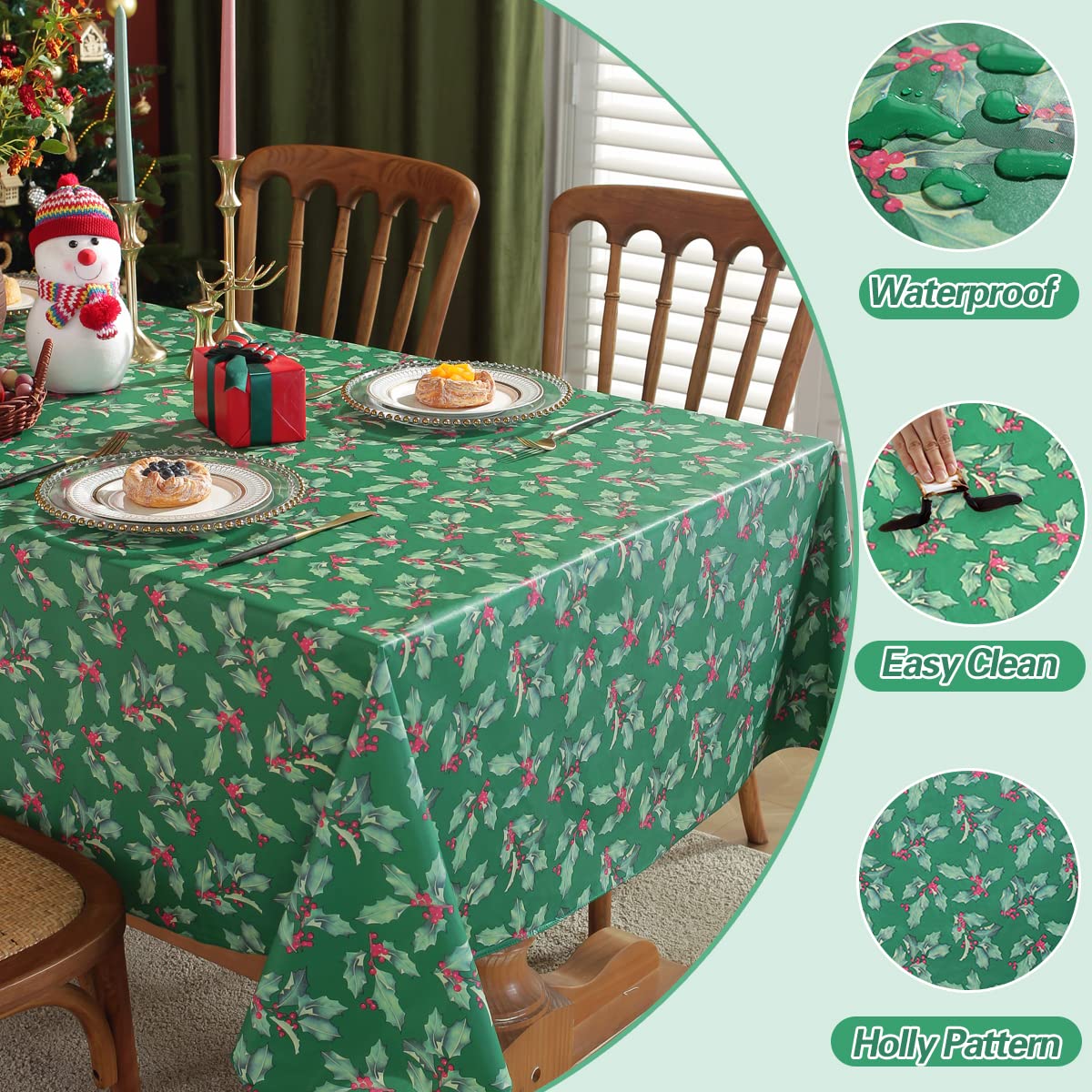 Vinyl Christmas Tablecloth Rectangle Flannel Backing, Vintage Holly & Berry Print Waterproof & Heavy Plastic Table