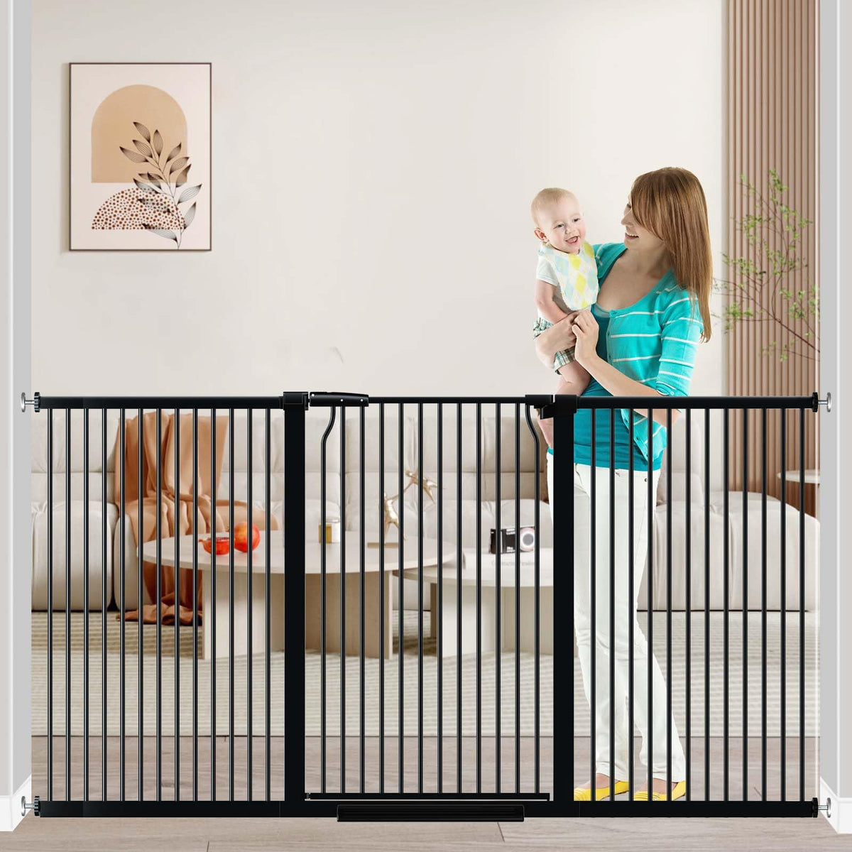 40.5" x 72.3-76.7" Extra-Tall & Extra-Wide Adjustable Hardware/Pressure-Mounted Pet & Child Safety Gate with Dual-Lock Walk-Through Swing Door for Stairs, Hallways & Wide Doorways