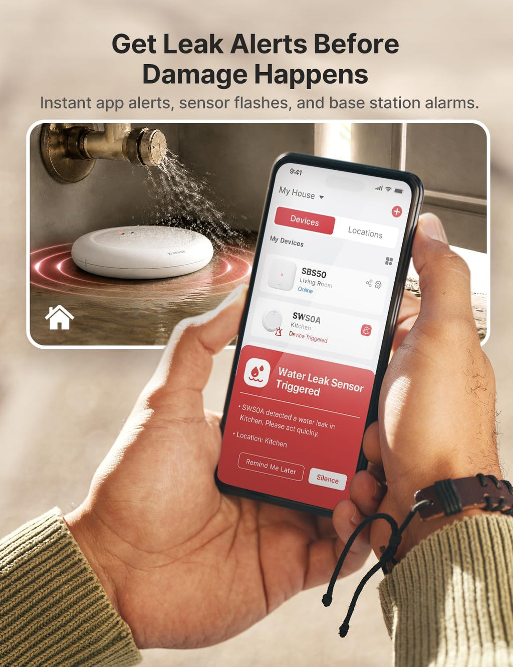 Ultra-Slim Wi-Fi Water Leak Detector, 4 Sensors + Base, SWS0A41 | 0.7 in Thin Design, Real-Time Alerts, Detects Water