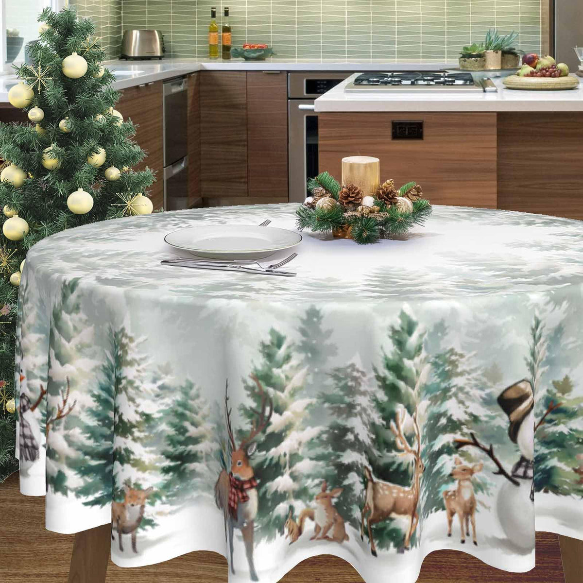 Christmas Round Tablecloth 60inch for Home Rustic Farmhouse Living Room Christmas Party Decorations