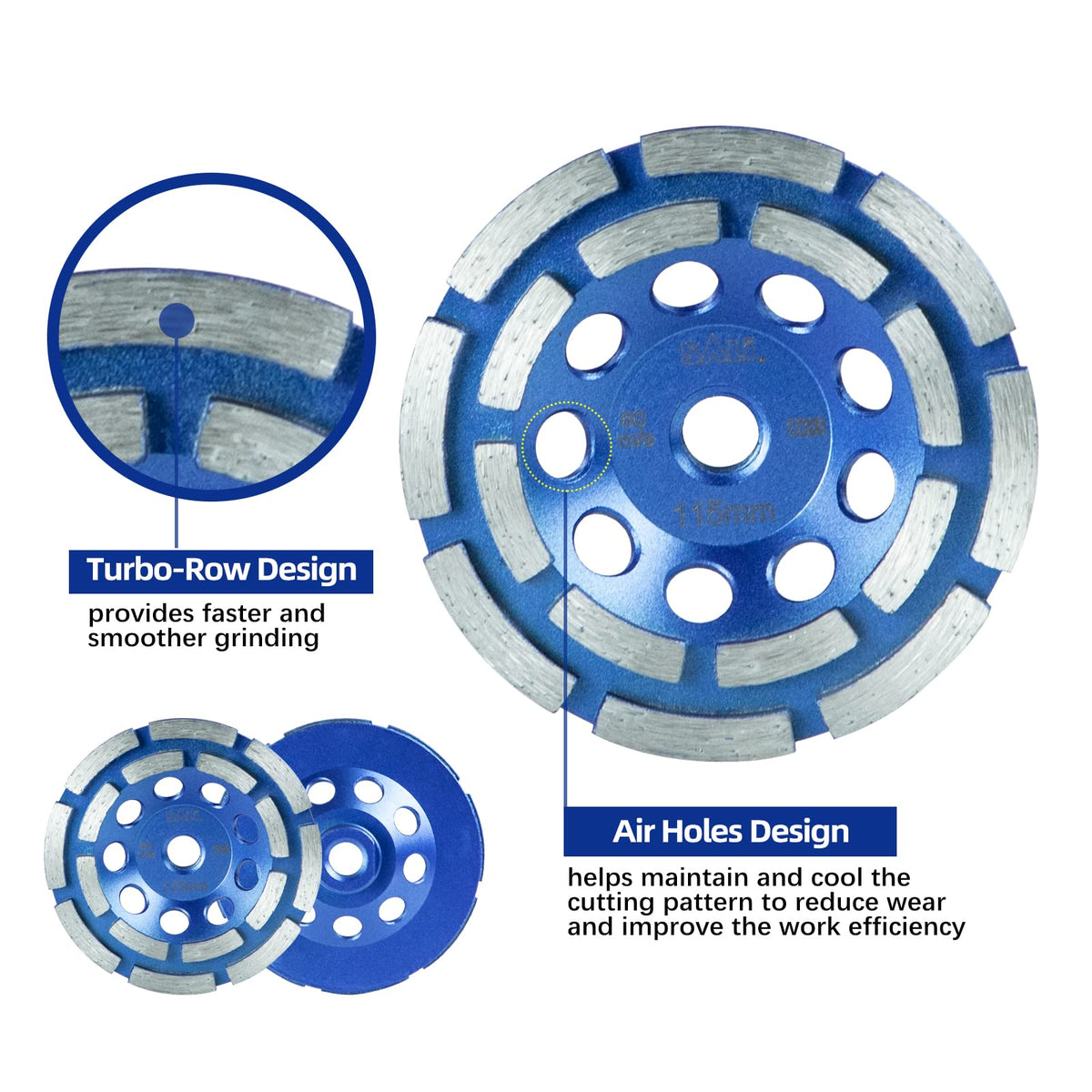 SALI 4.5 Inch 3pcs Concrete Grinding Wheels 16 Turbo Diamond Segments 5/8-11 Arbor Diamond Grinding Wheel Fit for Paint, Epoxy, Mastic Coating Removal