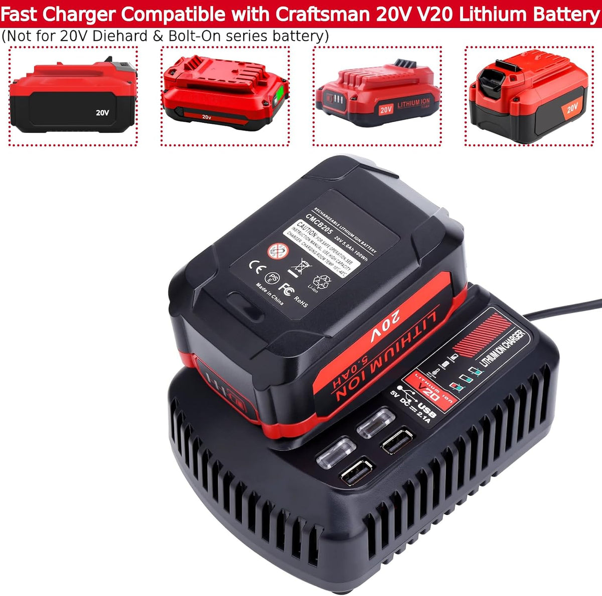 CMCB104 Fast Charger Compatible with Craftsman 20v V20 Lithium Battery