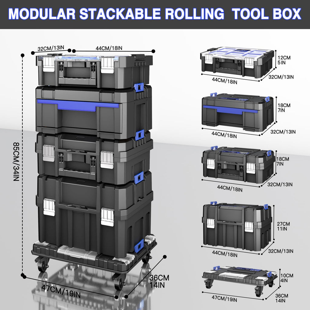 4 Tier Rolling Tool Box with Wheels, 18” Stackable Tool Box Organizer