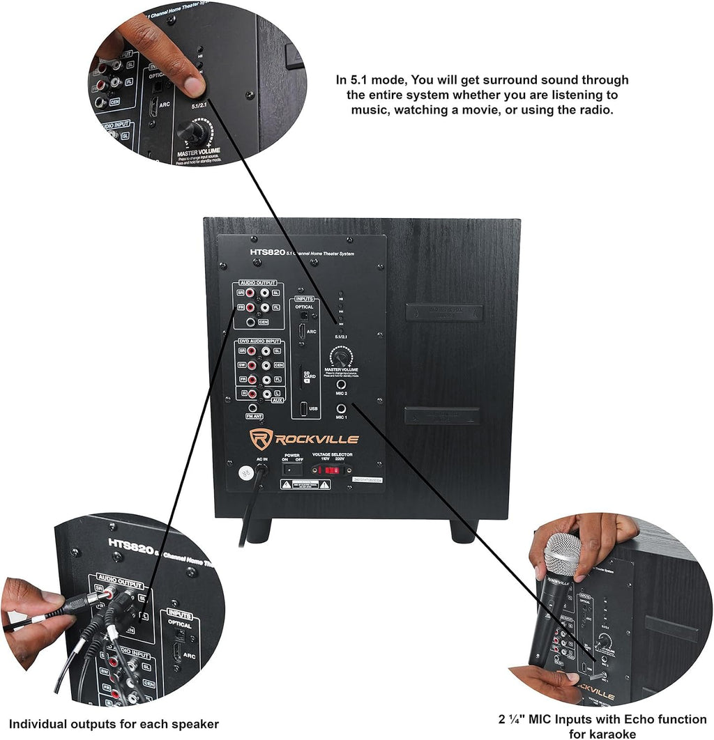 HTS820 1500W 5.1 Channel Home Theater System with 8" Subwoofer, Bluetooth, USB, Includes Remote and Speaker Mounts