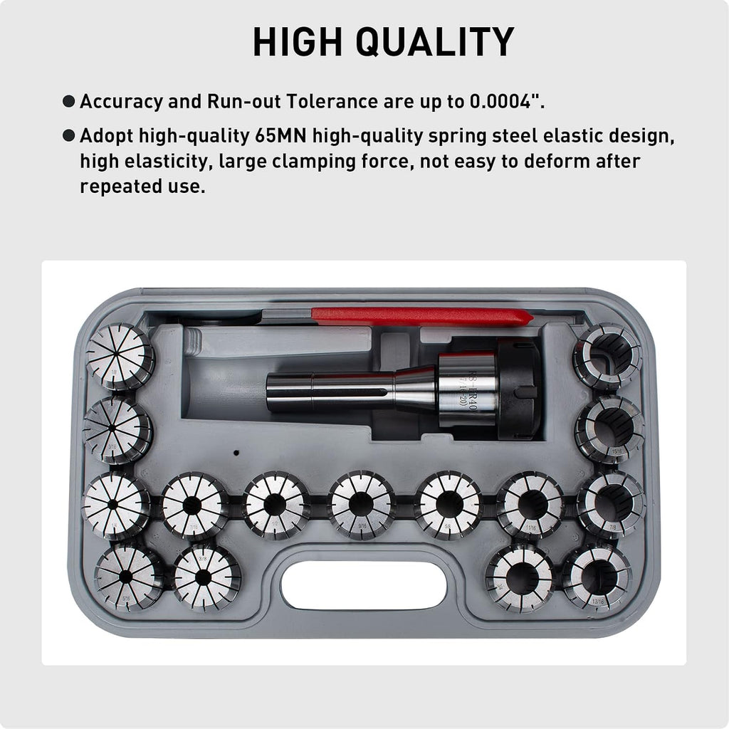 R8 ER40 Collet Holder Chuck Kit with 15 PCS ER40 Collets, R8 End Mill Collet Set