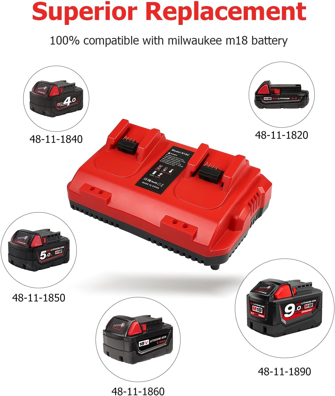 2/pk 18V 6.0Ah Replacement for Milwaukee M-18 Battery with Rapid Dual Charger