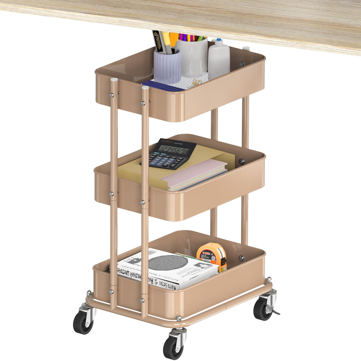 3-Tier Utility Cart, Low 24" Height Fits Under Desk, Khaki