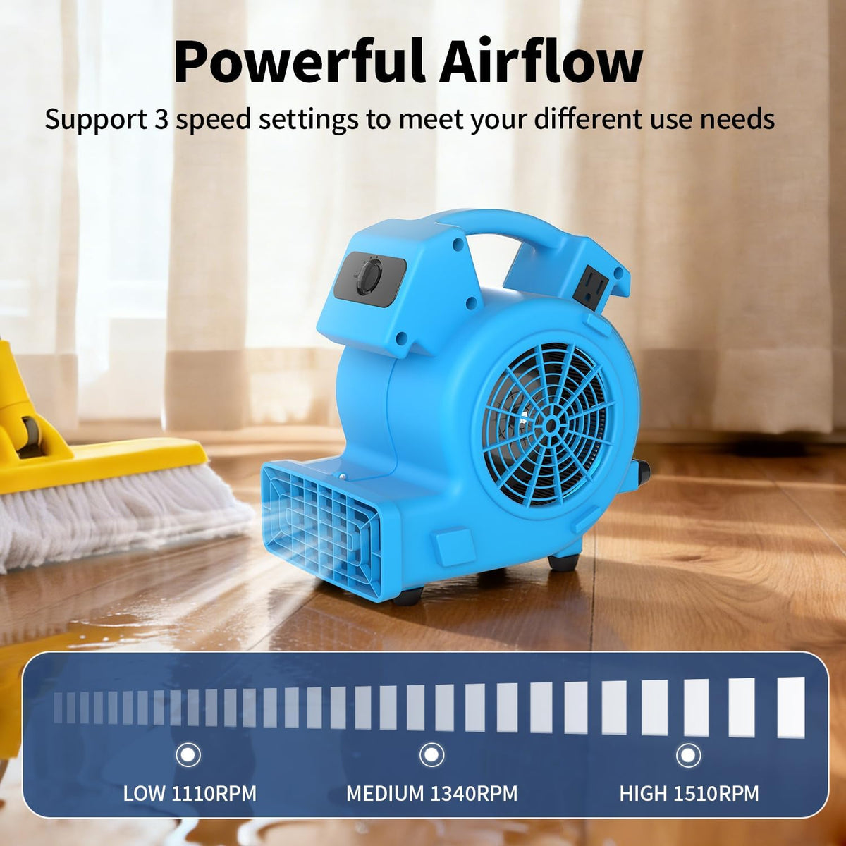 600 CFM Air Mover Blower Fan, Portable Floor Fan with 3 Speeds & Daisy Chain, Carpet Dryer for Cooling and