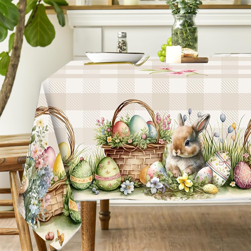 Easter Tablecloth 60x84 Inch Rectangular, Cute Bunny Eggs Flower Butterfly Watercolor Rabbits Table Cloth, Easter