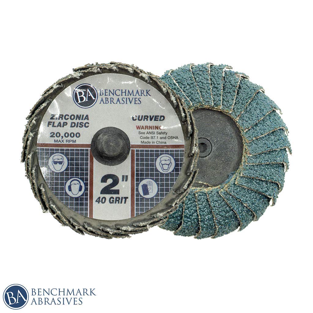 Benchmark Abrasives 2" Quick Change Zirconia Curved Flap Disc Grinding Wheel with Male R-Type Back Design - Finishing, Deburring of Irregular Surfaces - for Die Grinder & More (10 Pack) 40 Grit