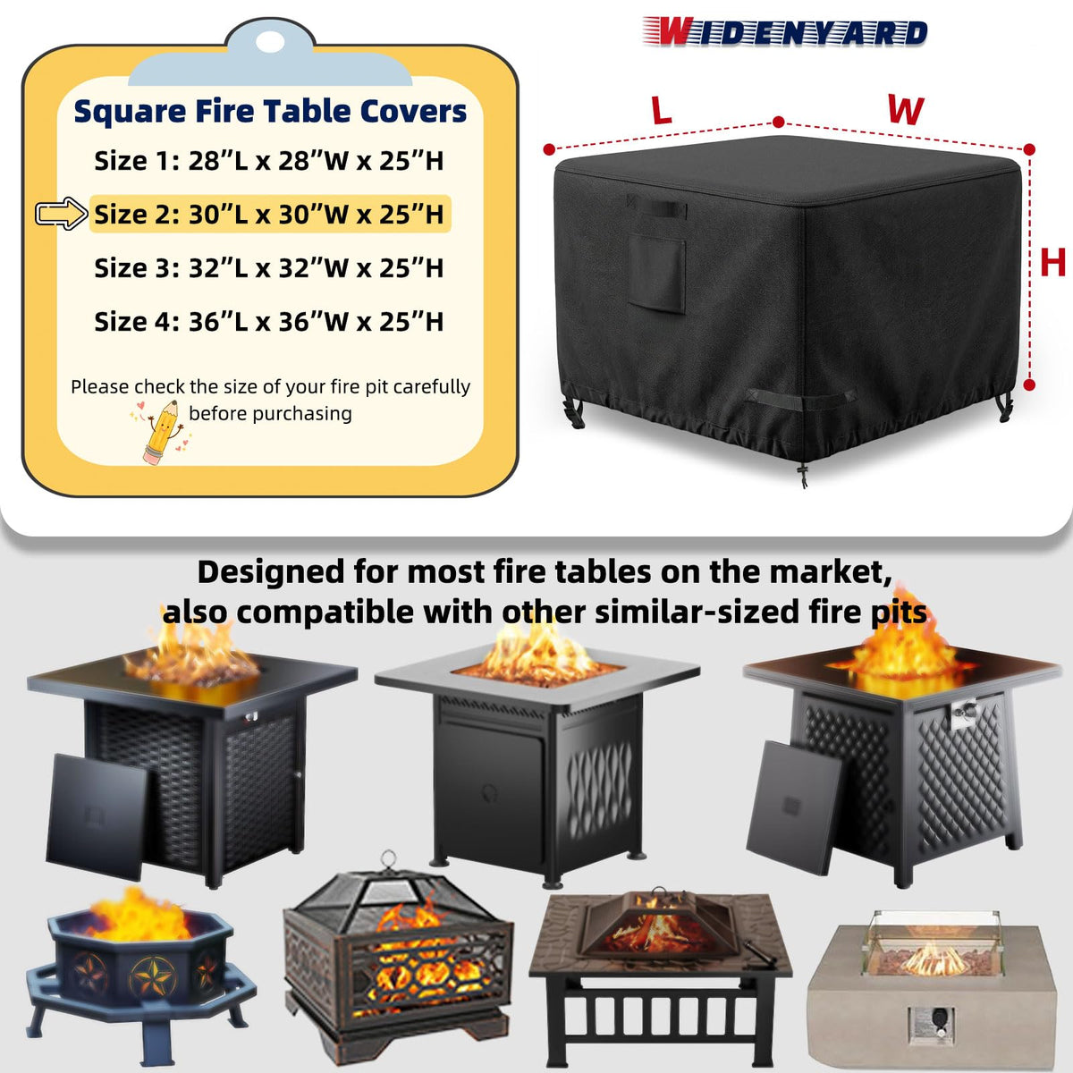 Square Fire Pit Table Cover 30x30x25 inch, Heavy Duty, Waterproof