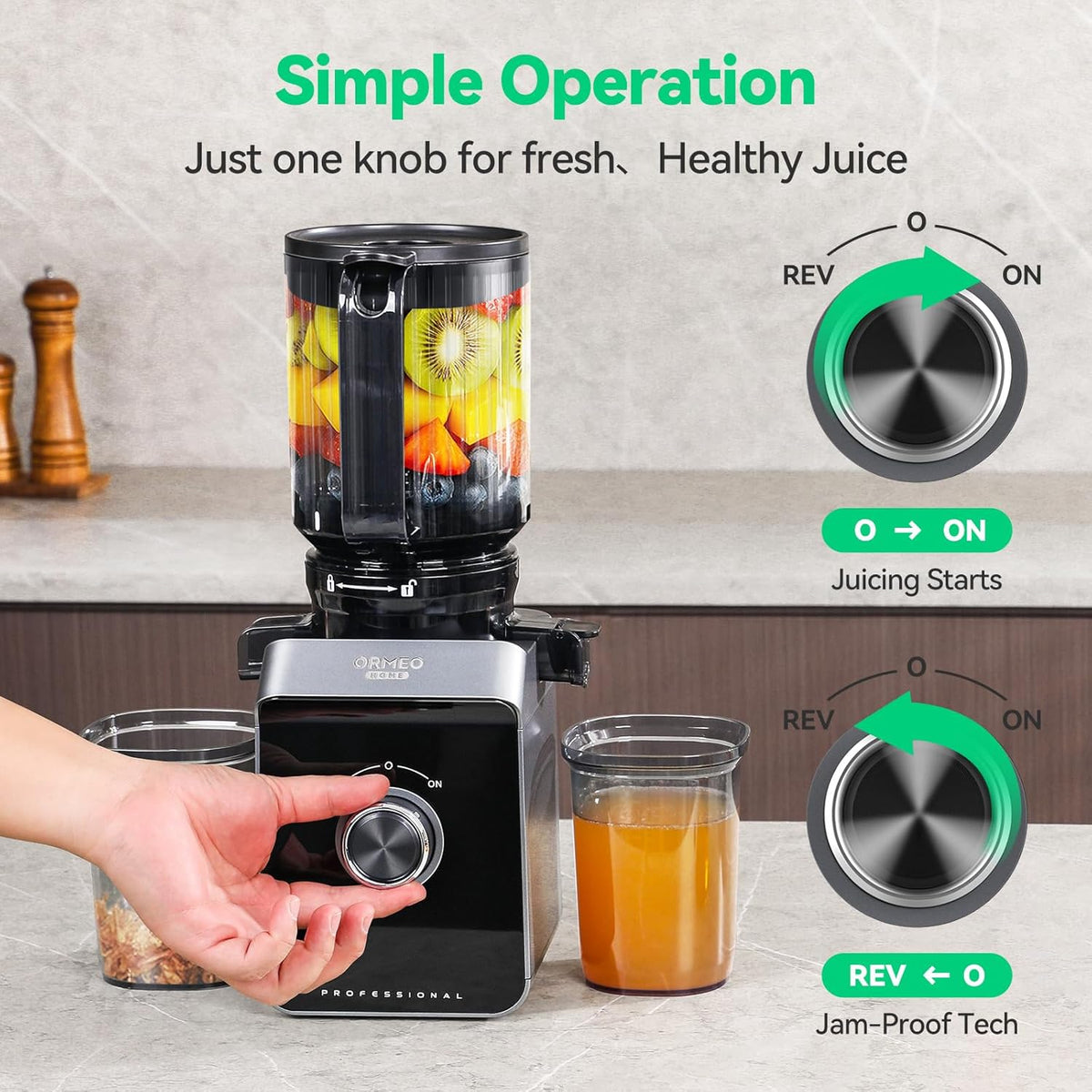 Cold Press Juicer, ORMEO HOME Masticating Juicer Machines with 5.5" Large Feed Chute Fit Whole Vegetables & Fruits