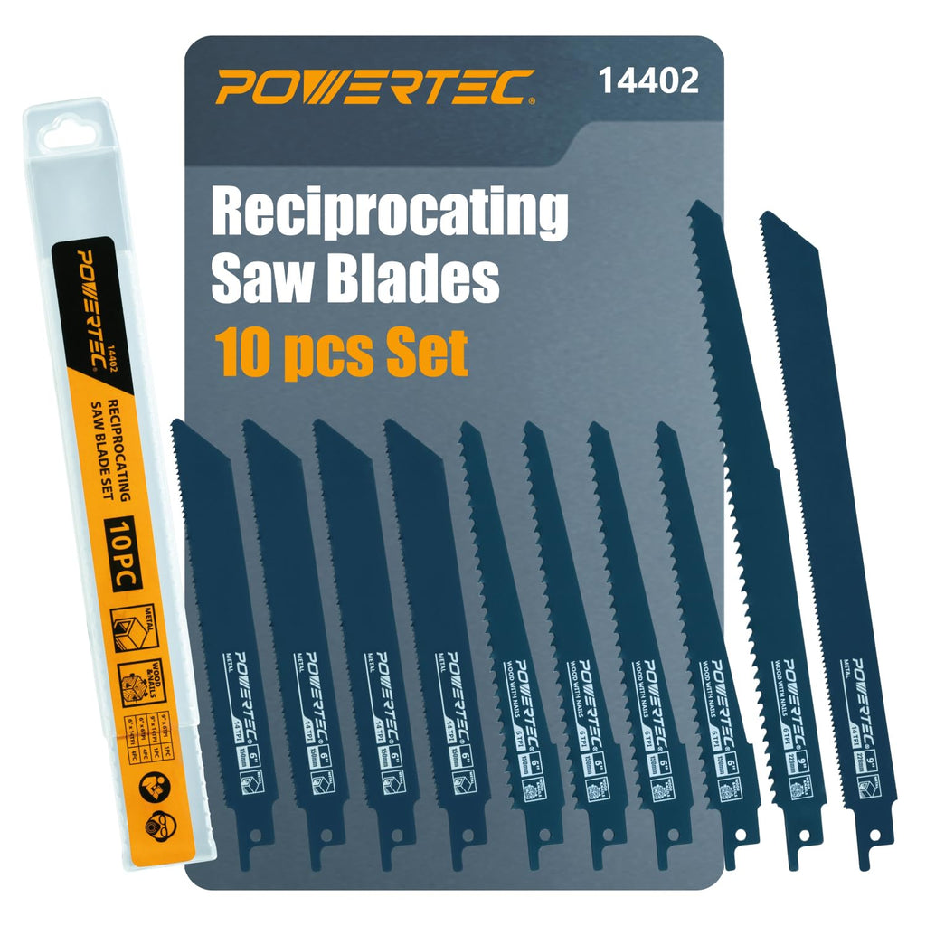 POWERTEC 10-Piece Reciprocating Saw Blades Set, Metal & Woodcutting Sawzall Blades with Storage Case for Plumbing Work and Cutting Metal & Wood with Nails (14402)