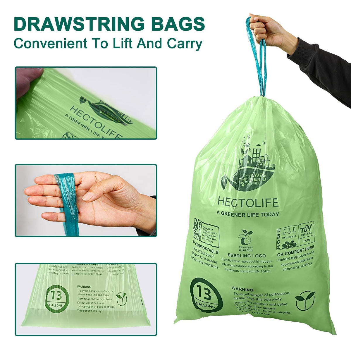 13 Gallon,50 Count Compostable Trash Bags with Home