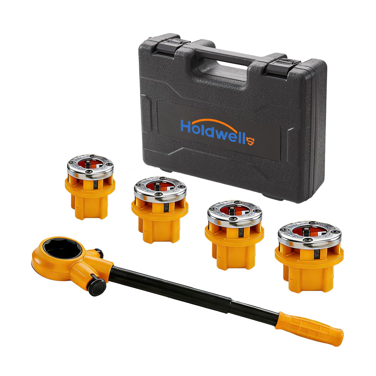 Holdwell S Ratchet Pipe Threader Kit w/ 4 NPT Dies (1/2", 3/4", 1", 1-1/4"), Heavy-Duty 9SiCr Steel Threading Tool for Galvanized, Iron, Copper & Aluminum Pipes, Portable with Storage Case