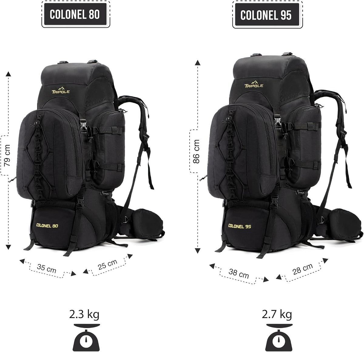 Colonel 80 Litres Internal Frame Trekking and Hiking Rucksack + Detachable Day Pack, Rain Cover, Black