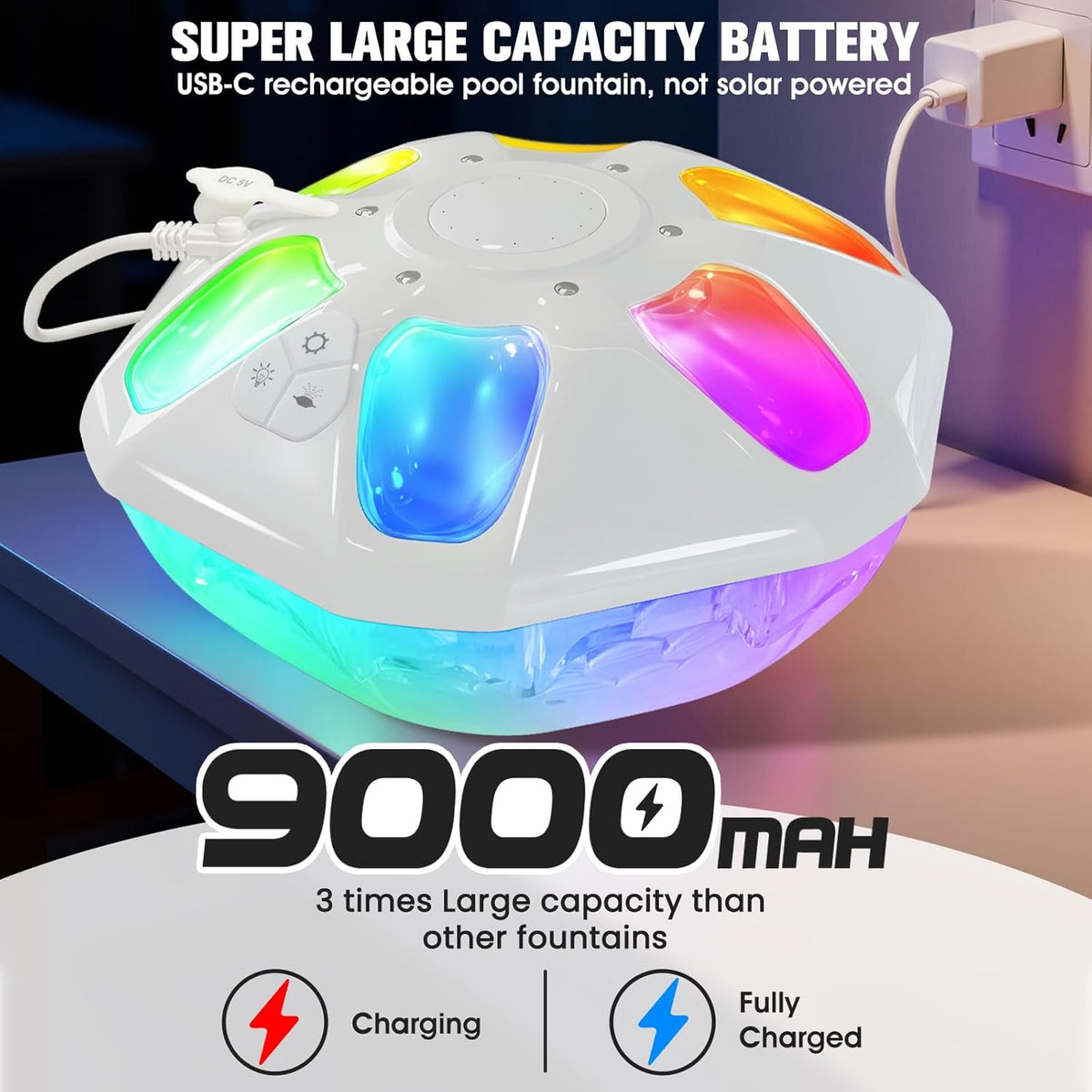 Pool Fountain with Remote,9000mAh Large Floating Pool Fountains with Lights | Above Ground Pool Water Fountain with