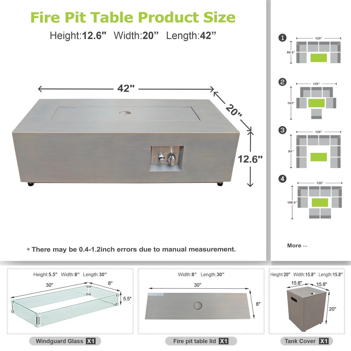 2-Piece 42" Rectangular Propane Fire Pit Table for Outside Patio 50,000 BTU
