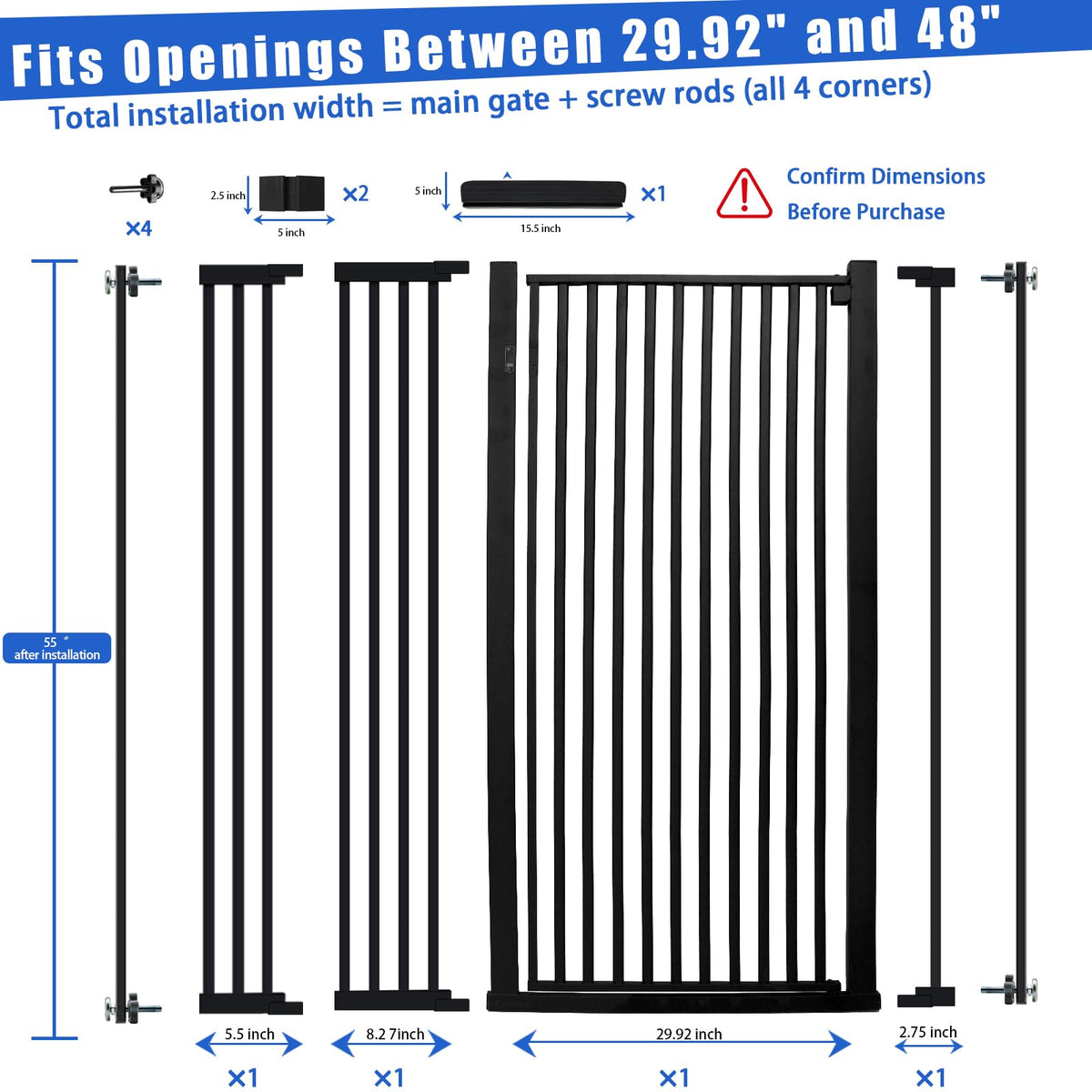 55" Extra-Tall Full-Height Anti-Jump Cat & Pet Safety Gate with Narrow Bar Spacing & Double-Lock Walk-Through Door for Doorways & Stairs