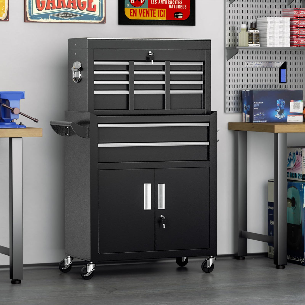 8 Drawer Rolling Tool Chest with Lock, Tool Storage Cabinet（Black）