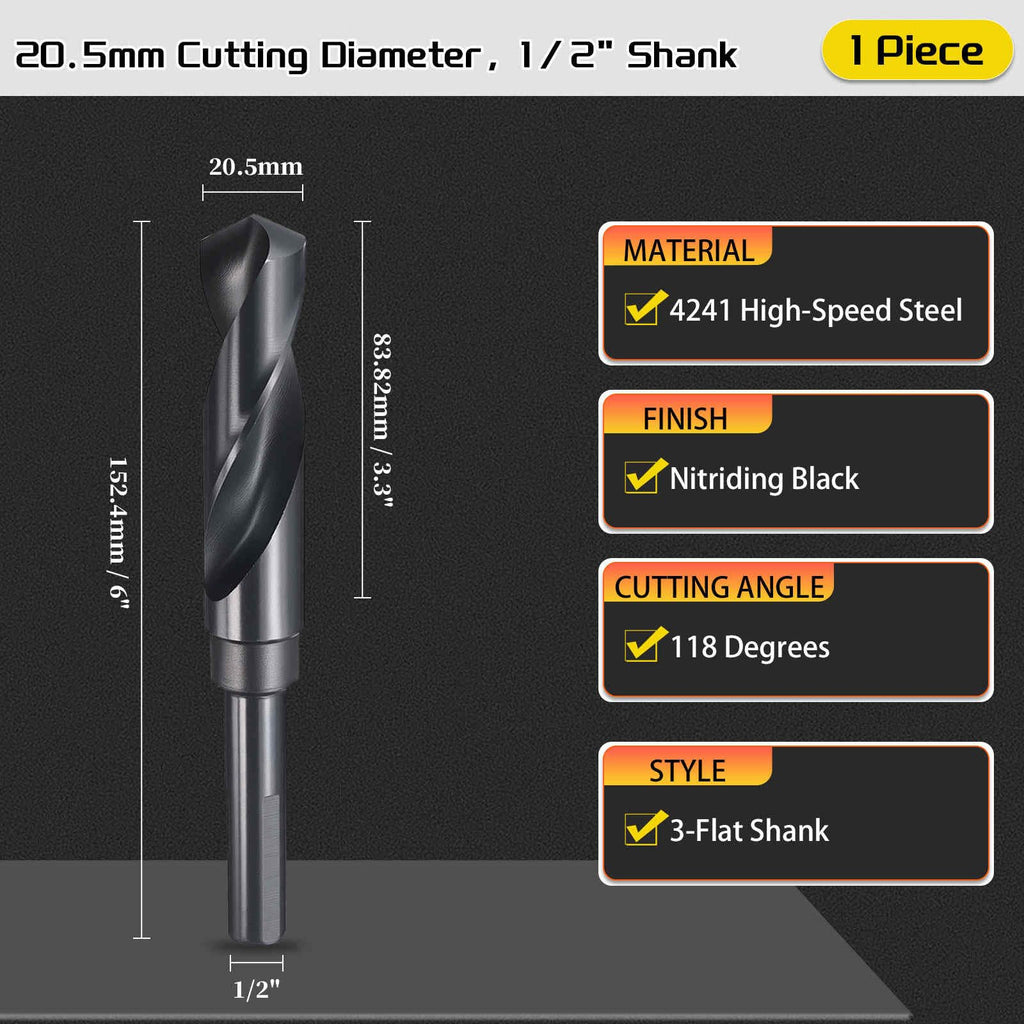 CoCud Drill Bit 20.5mm Diameter 1/2" Shank 3-Flat 4341 HSS