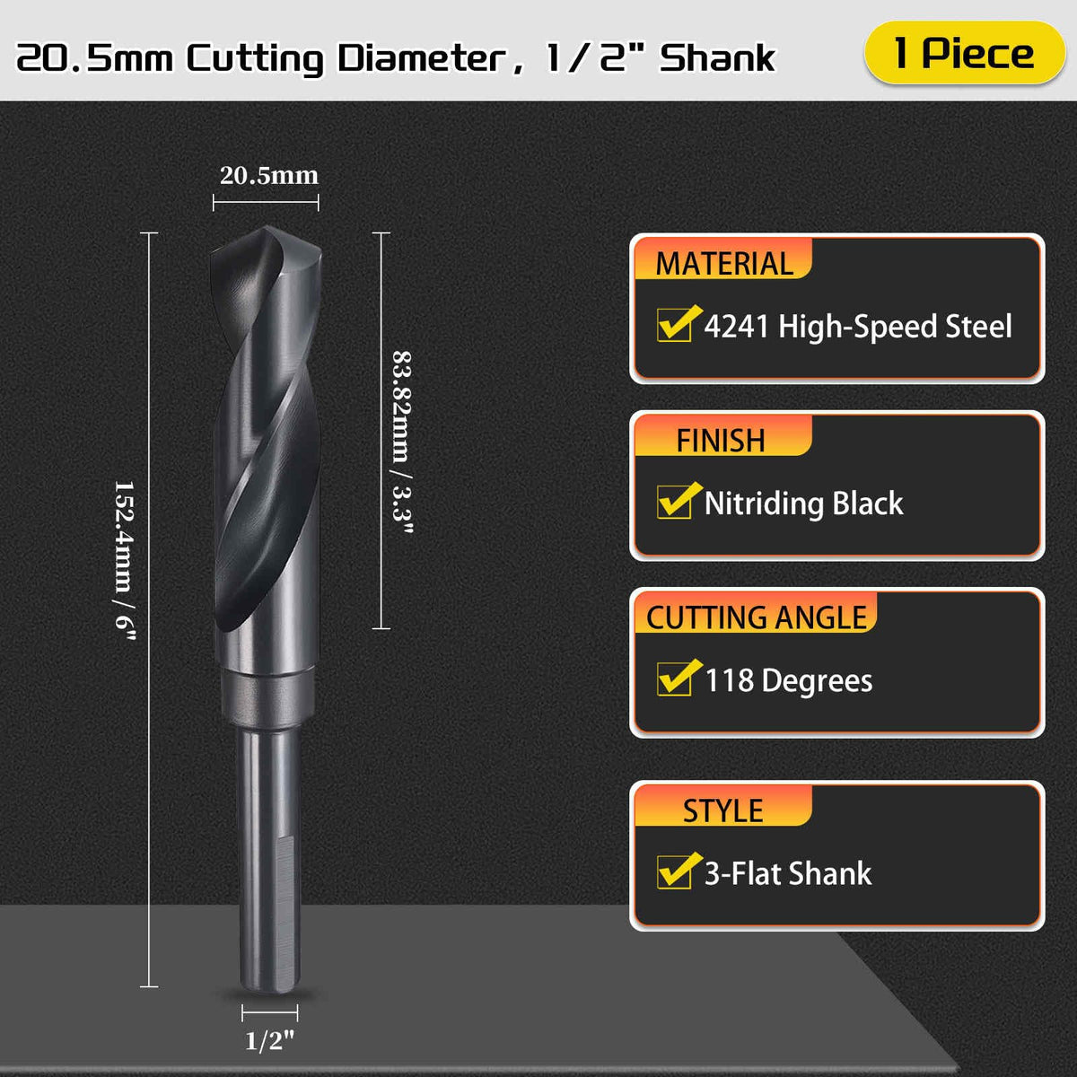 CoCud Drill Bit 20.5mm Diameter 1/2" Shank 3-Flat 4341 HSS