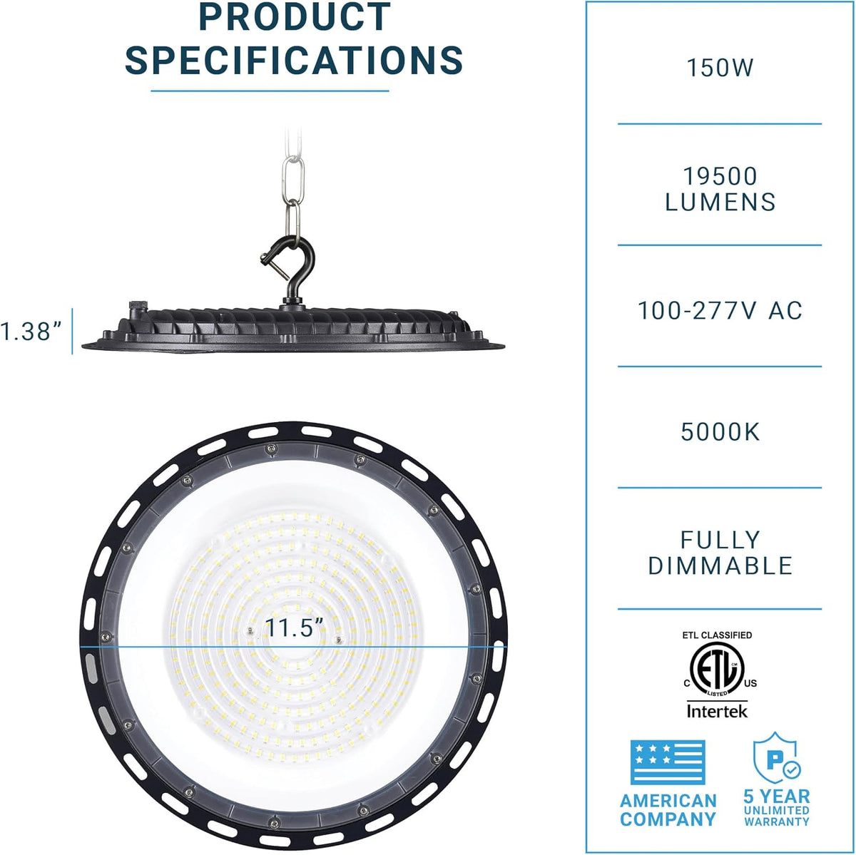 PARMIDA (10 Pack) UFO LED High Bay Light, 150W, ETL, Dimmable 0-10V, 5000K, IP65 Waterproof 19500LM Commercial Bright Shop Light Fixture for Factory, Warehouse, Workshop, Barn with 5' US Plug, US Hook