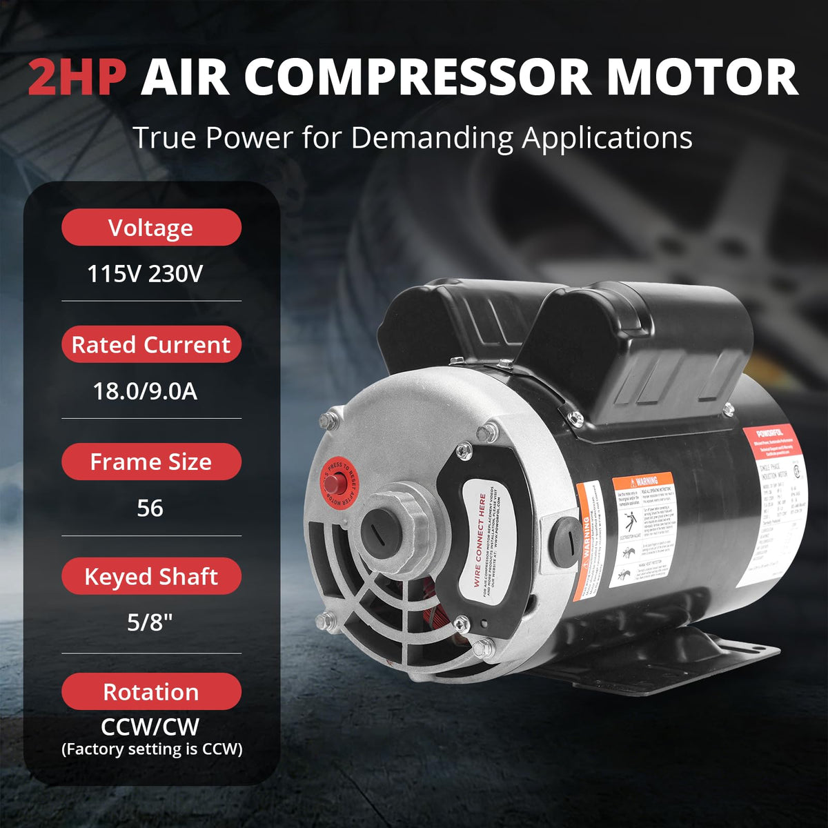 POWORFOL 2 HP Electric Motor, 115/230V Single Phase, 3450 RPM, 56 Frame, 5/8" Keyed Shaft, Air Compressor Replacement Motor (2HP)