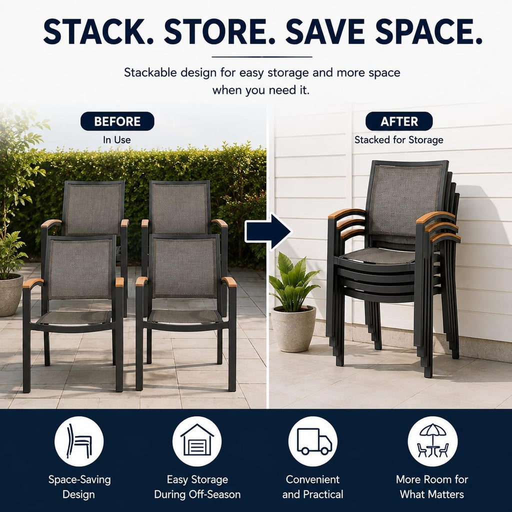 Aluminum Patio Dining Chairs Set of 4, Stackable Outdoor Armchairs