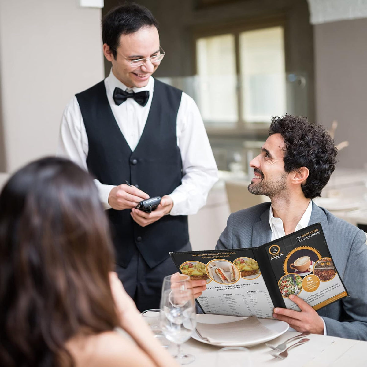 Restaurant Menu Covers Set 15 - Transparent Menu Covers 8.5" x 11" 2-Page Menu Holders with Metal Corners and Black