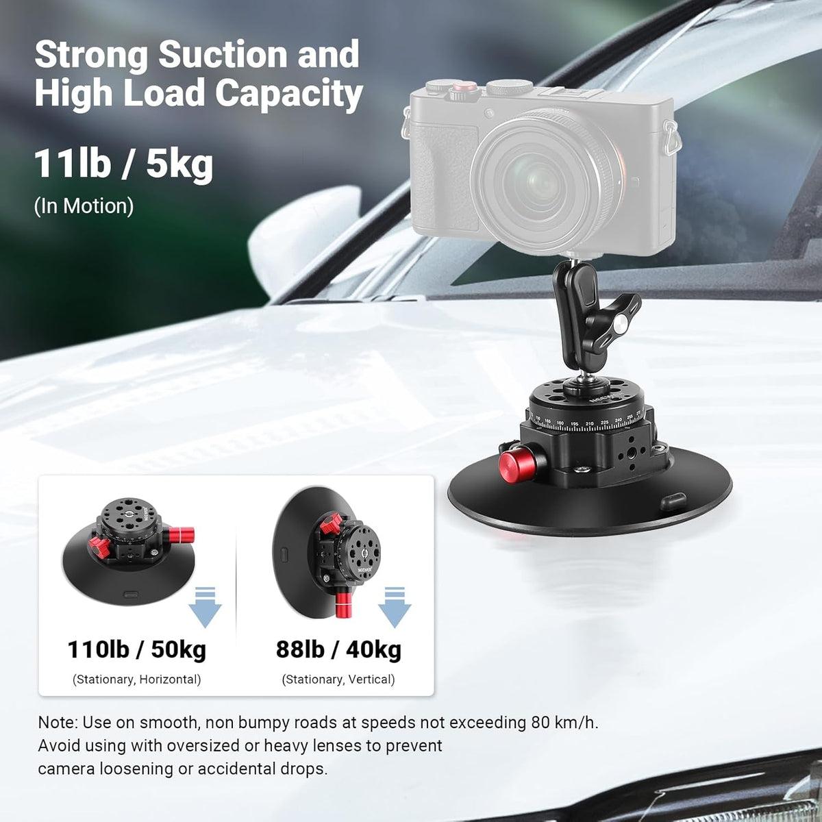 6"/15.2cm Camera Suction Cup Mount with Ball Head Magic Arm, Metal Suction Cup Mount on Car Windshield Dash for
