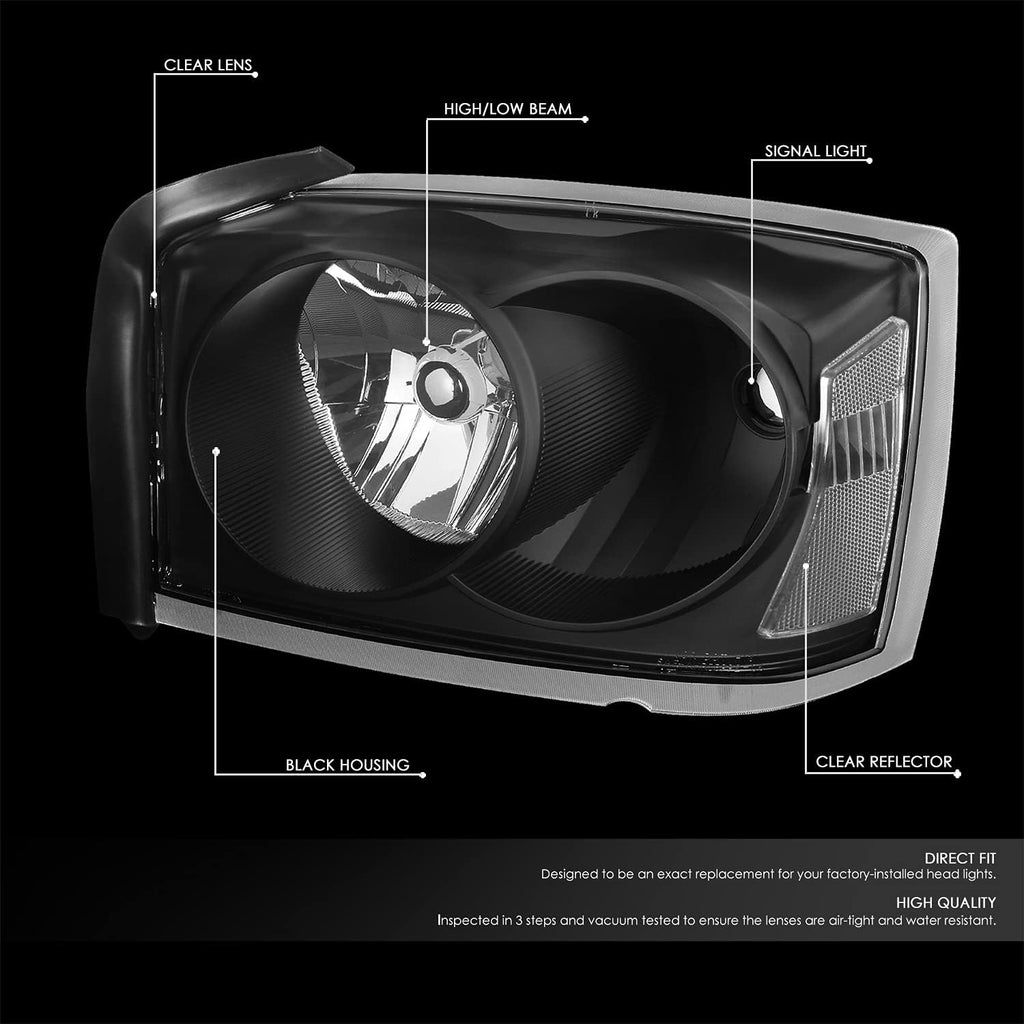 Headlight Assembly Compatible with Dodge Dakota 2005-2007 Black Housing Clear Corner Left Right Headlamp Set CH2502170 CH2503170 55077607AC 55077606AC