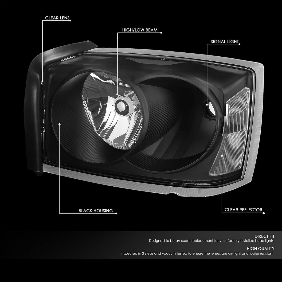 Headlight Assembly Compatible with Dodge Dakota 2005-2007 Black Housing Clear Corner Left Right Headlamp Set CH2502170 CH2503170 55077607AC 55077606AC