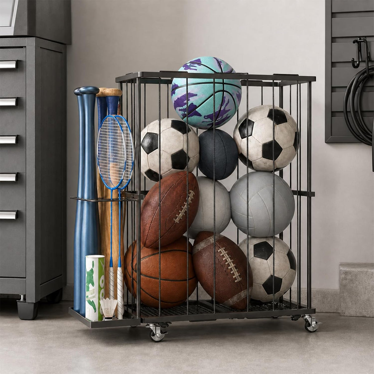 Garage Ball Storage Rack with Wheels and Elastic Rope, Sports Ball Holder for Basketball, Soccer, Volleyball