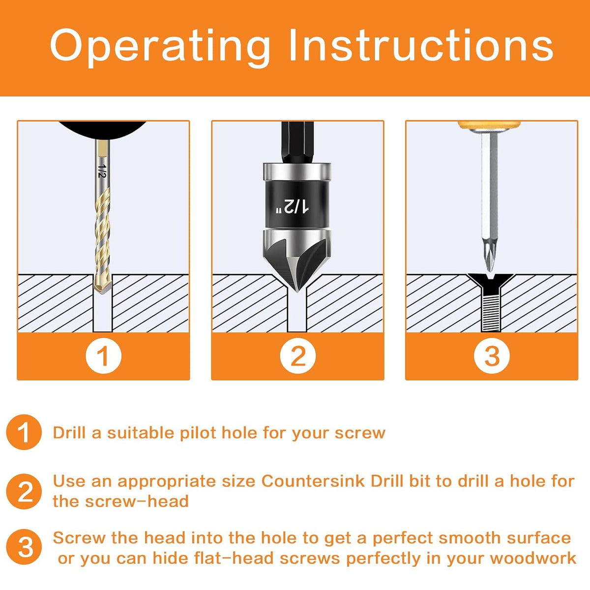 5 Pcs Countersink Drill Bit Set, 82 Degree, 5Flute with 1/4” Quick Change Hex Shank, Sizes 1/4” to 3/4” for Metal, Wood & Plastic, Ideal for Carpentry, Metalwork, Plastic Fabrication