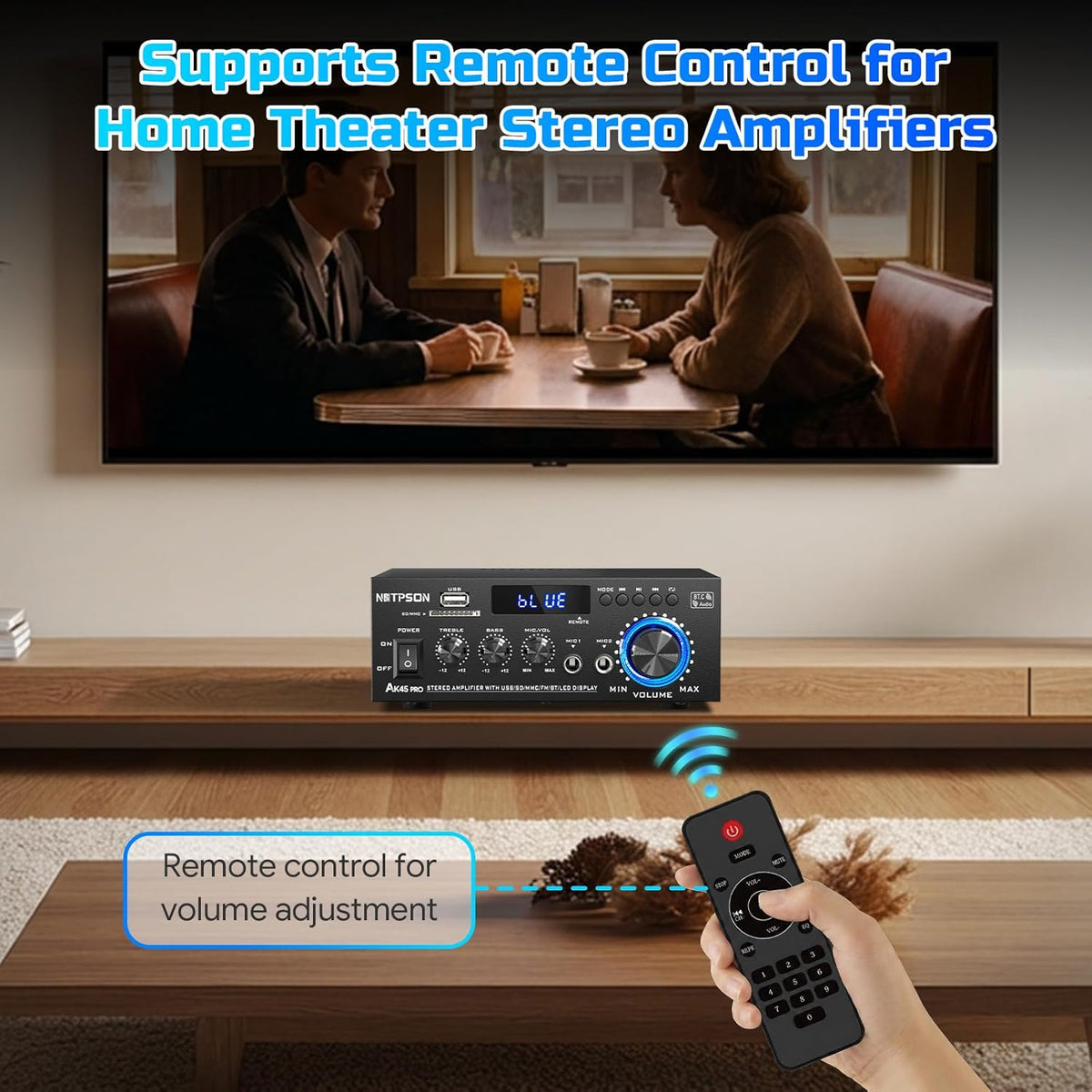 AK45 Pro Bluetooth Stereo Receiver& Amplifier,2CH RMS 50W x 2 (Peak 800W) 2 Channel Amp with FM Radio,USB/SD Inputs
