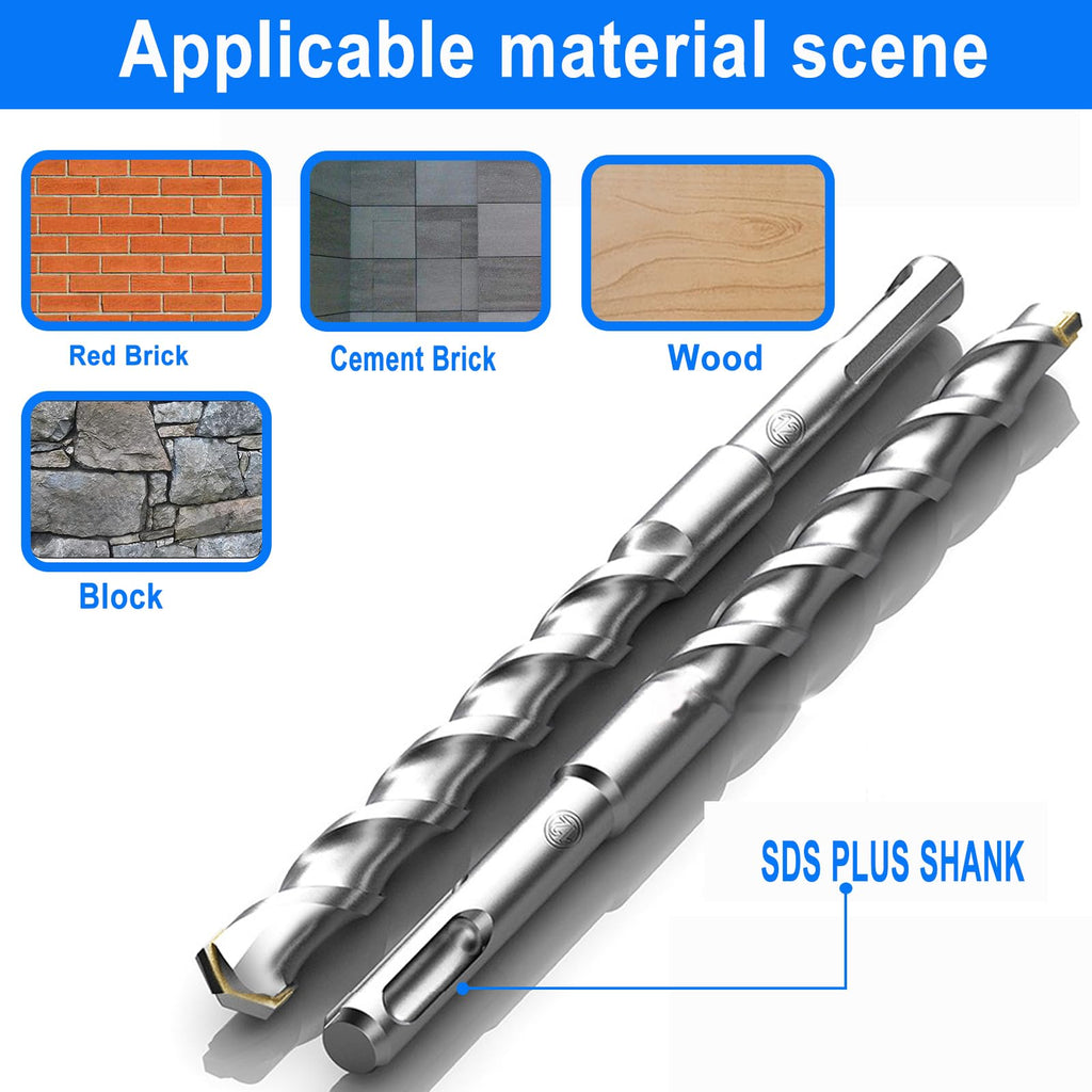 2-Piece 5/8" SDS Plus Drill Bits Rotary Hammer Drill Bit Set, Carbide Tipped for Drilling Concrete Cement Porcelain Tiles Ceramic Pots Stone Brick, Diameter 16mm, 160mm Long, SDS Plus Shank
