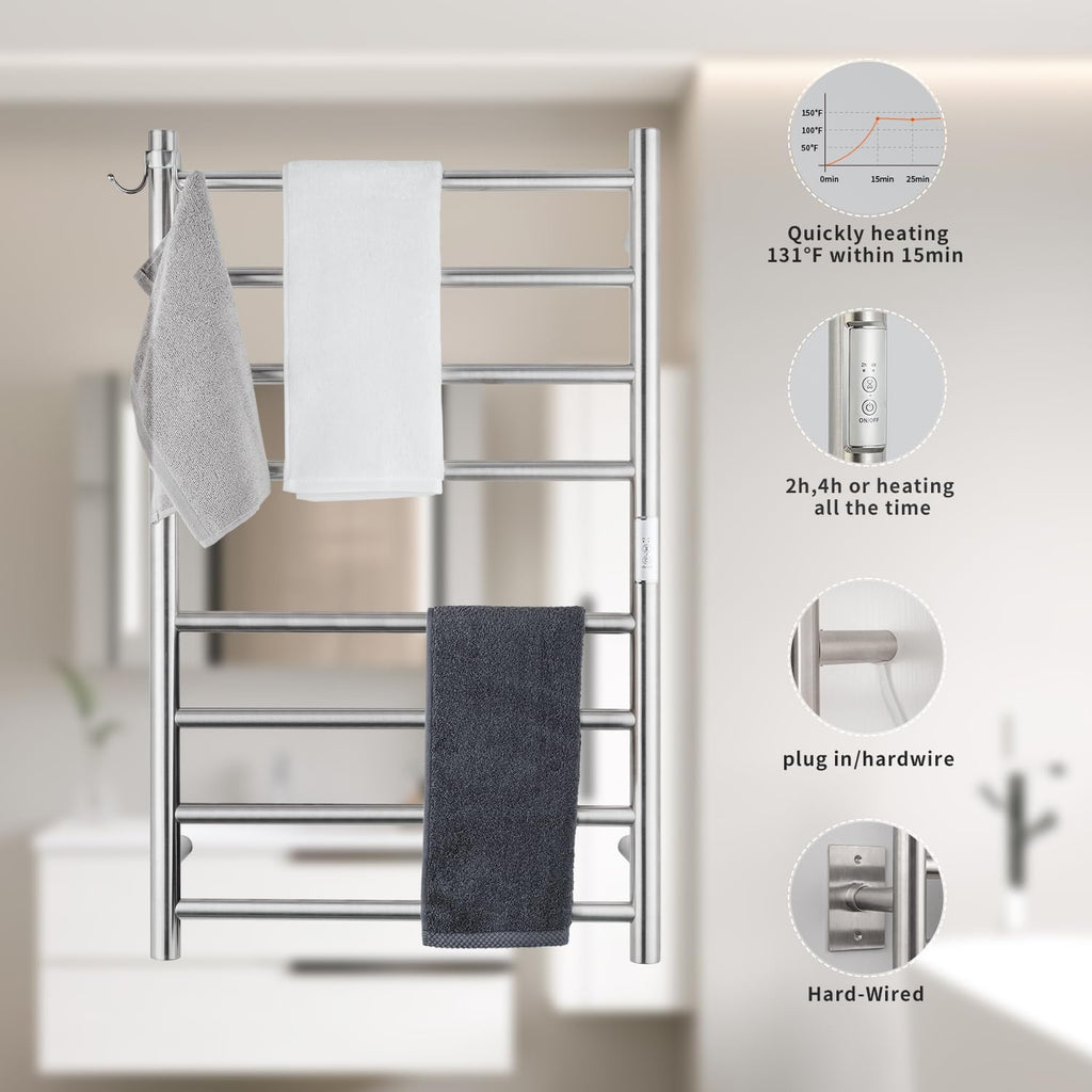 8-Bar Wall-Mounted Towel Warmer, Plug/Hardwired, 3 Timers | can be surface-mounted or flush-mounted, with